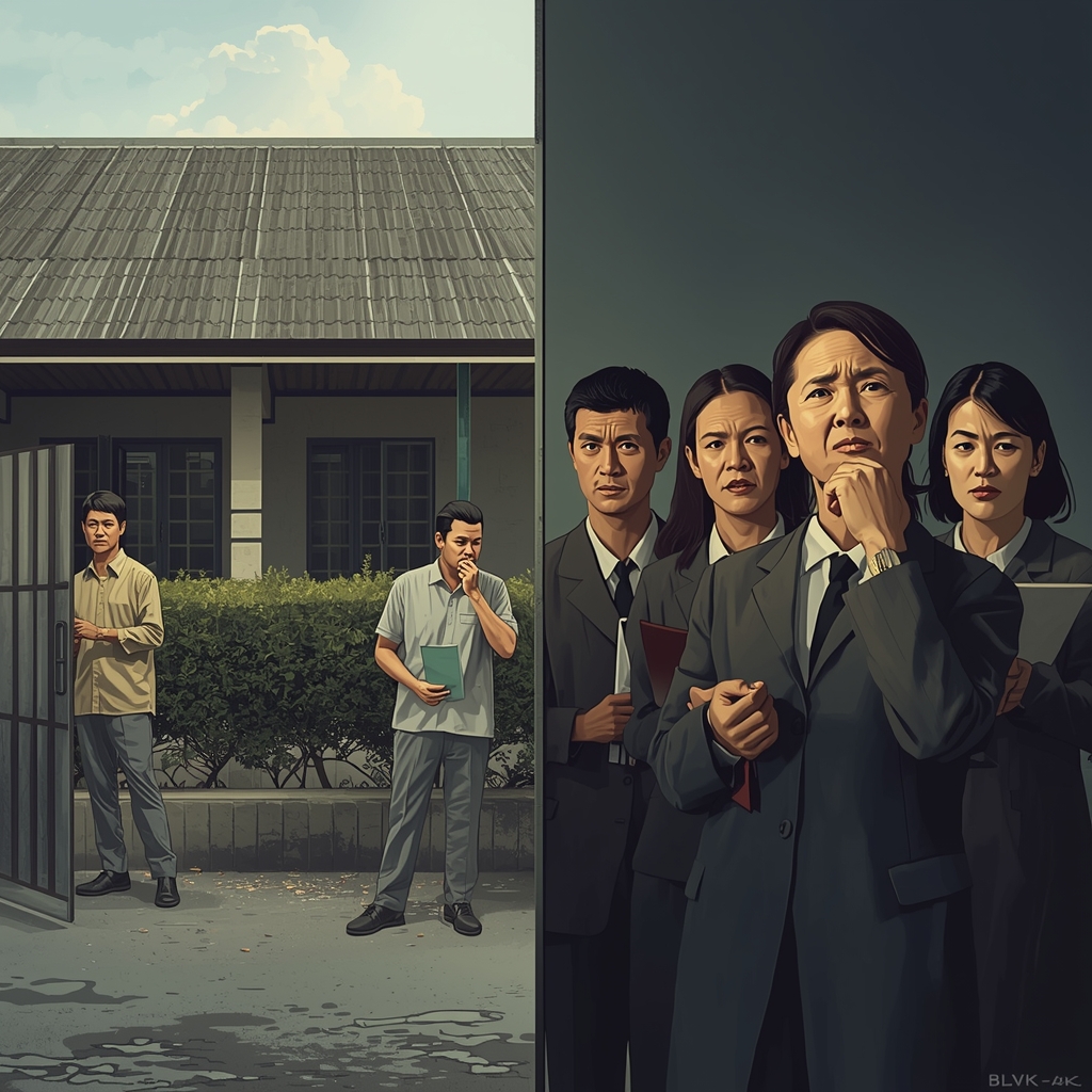 A highly realistic editorial illustration depicting public criticism surrounding Indonesia’s Free Nutritious Meals (MBG) program and the opportunity for PPPK positions for SPPG, while long-serving teachers question fairness. The scene shows a contrast: on one side, an SPPG facility operating under MBG; on the other, experienced teachers standing thoughtfully, holding documents and teaching materials. Subtle expressions of concern and reflection appear on their faces. The atmosphere is serious, neutral, and journalistic. Realistic lighting, muted colors, cinematic composition, 4K resolution.